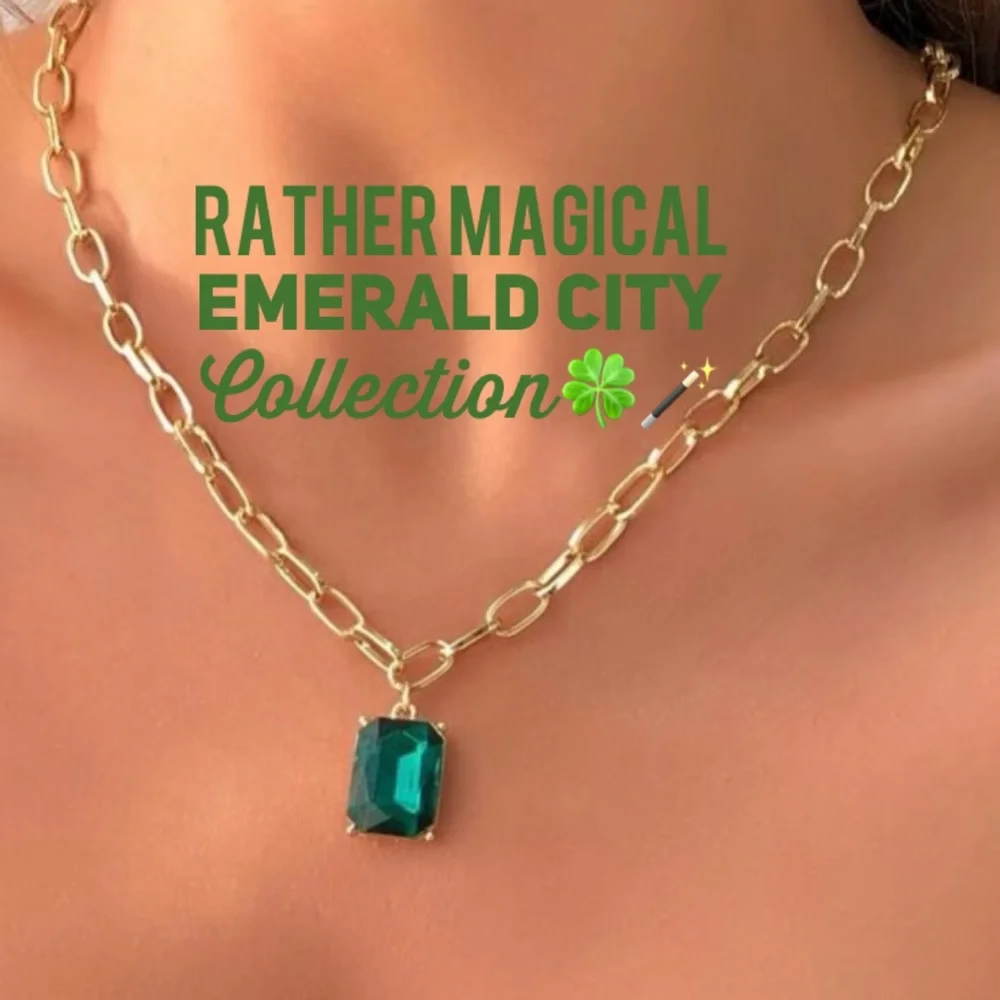 Stunning Geometric Emerald Green & Gold Chunky Bold Chain Necklace - Picture 2 of 10